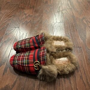 Gucci Princetown Red Tartan Fur Lined Slippers